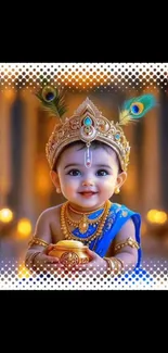 Adorable baby Krishna in traditional attire with vibrant colors.