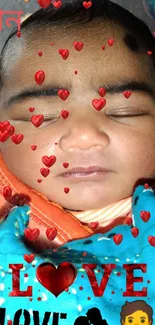 Adorable baby surrounded by love hearts in vibrant colors.