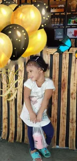 Child with golden balloons and butterflies against rustic wood.