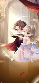 Anime couple dancing in an elegant ballroom setting.