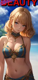 Anime girl in gold bikini on a bright beach background.