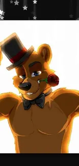 Cartoon bear wearing top hat and rose, elegant phone wallpaper.