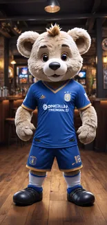 Cute bear mascot in a blue soccer jersey standing in a bar.