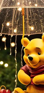 Cartoon bear under glowing umbrella with lights.