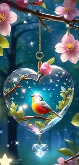 Fantasy heart with bird in nature art wallpaper.