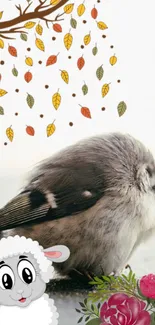 Fluffy bird and cartoon lamb with autumn leaves.