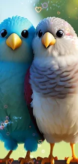 Cute blue and white birds perched on a branch.