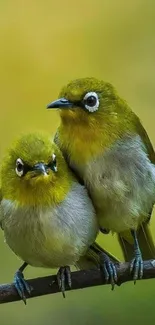 Two charming birds perched on a branch with green background.