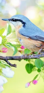 Colorful bird perched on a blooming branch wallpaper.