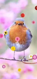 A vibrant robin on a branch surrounded by pink blossoms.