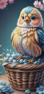 Cute bird in a basket with pastel flowers in soft blue hues.