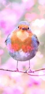 A colorful bird on a branch with pink blossoms in the background.