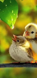 Two cute fluffy birds under a green leaf with dewdrops.