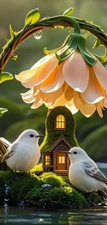 Enchanting scene with birds, flower, and fantasy house.