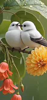 Two white birds on a branch with flowers.