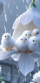 Cute white birds nestled in blossom flowers against a serene background.