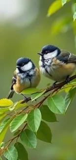 Two small birds perched on a green leafy branch.
