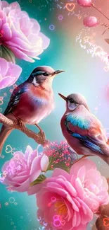 Two colorful birds on pink blossom branches, creating a serene nature scene.