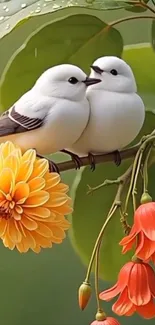 Two white birds perched on a floral branch with colorful flowers.