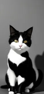 Black and white cat sitting against a gray background.