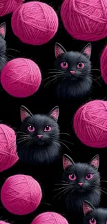 Black cats with pink yarn balls on a dark background.