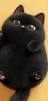 Cute black cartoon cat on yellow background.