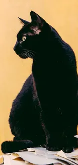 Black cat sitting on newspapers against a yellow wall.