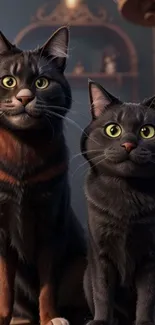 Two realistic fantasy cats with bright eyes.