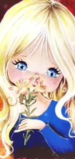 Charming cartoon of a blonde girl holding flowers.