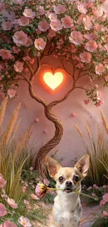 Chihuahua with heart-shaped tree and blossoms