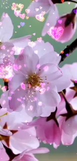 Pink cherry blossoms with sparkling hearts on a mobile wallpaper.