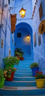 Blue alleyway with plants and lanterns