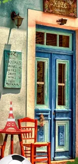 Vibrant blue cafe doorway with red chairs and whimsical decor.