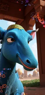 Charming blue cartoon character in an exotic, animated setting.