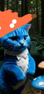 Blue cat with mushroom hat in fantasy forest.