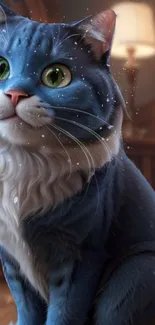 Charming blue cartoon cat in cozy room.