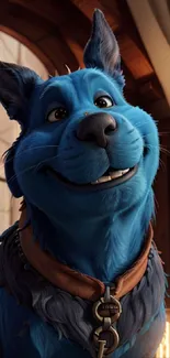 Charming blue animated dog smiling brightly in a room.