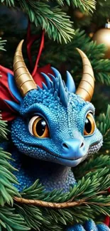 Charming blue dragon in Christmas tree branches with golden ornaments.