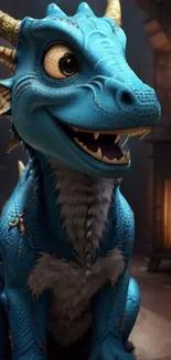 Charming blue dragon sitting by a fireplace in a cozy room.