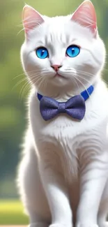 White cat with blue eyes and bow tie on a green background.