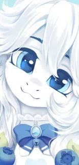 Cute character with blue eyes and pale blue background.