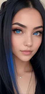 Portrait of a blue-eyed woman with long dark hair.