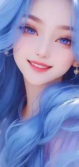 Beautiful girl with blue hair and eyes on mobile wallpaper.