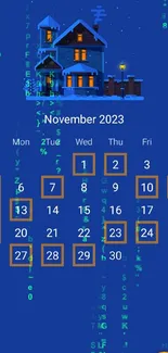 November calendar with a blue house illustration on a dark blue background.