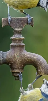 Two blue tits perched on an old faucet against a green background.