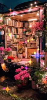 Enchanted mobile library with books and pink flowers at night.