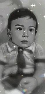 Black and white drawing of a young boy with a sparkle effect.