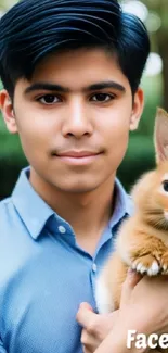 Young man in blue shirt holding a fluffy rabbit outdoors.