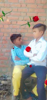 Two boys sitting against a brick wall with red roses.