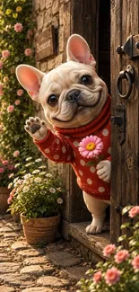 Adorable bulldog in a sweater at a cottage door surrounded by flowers.